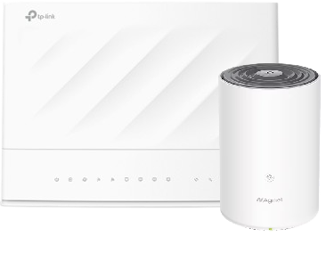 A TP-Link VX230v Dual-Band Wi-Fi 6 Modem Router and HX716 Pro WiFi 6E Mesh Unit